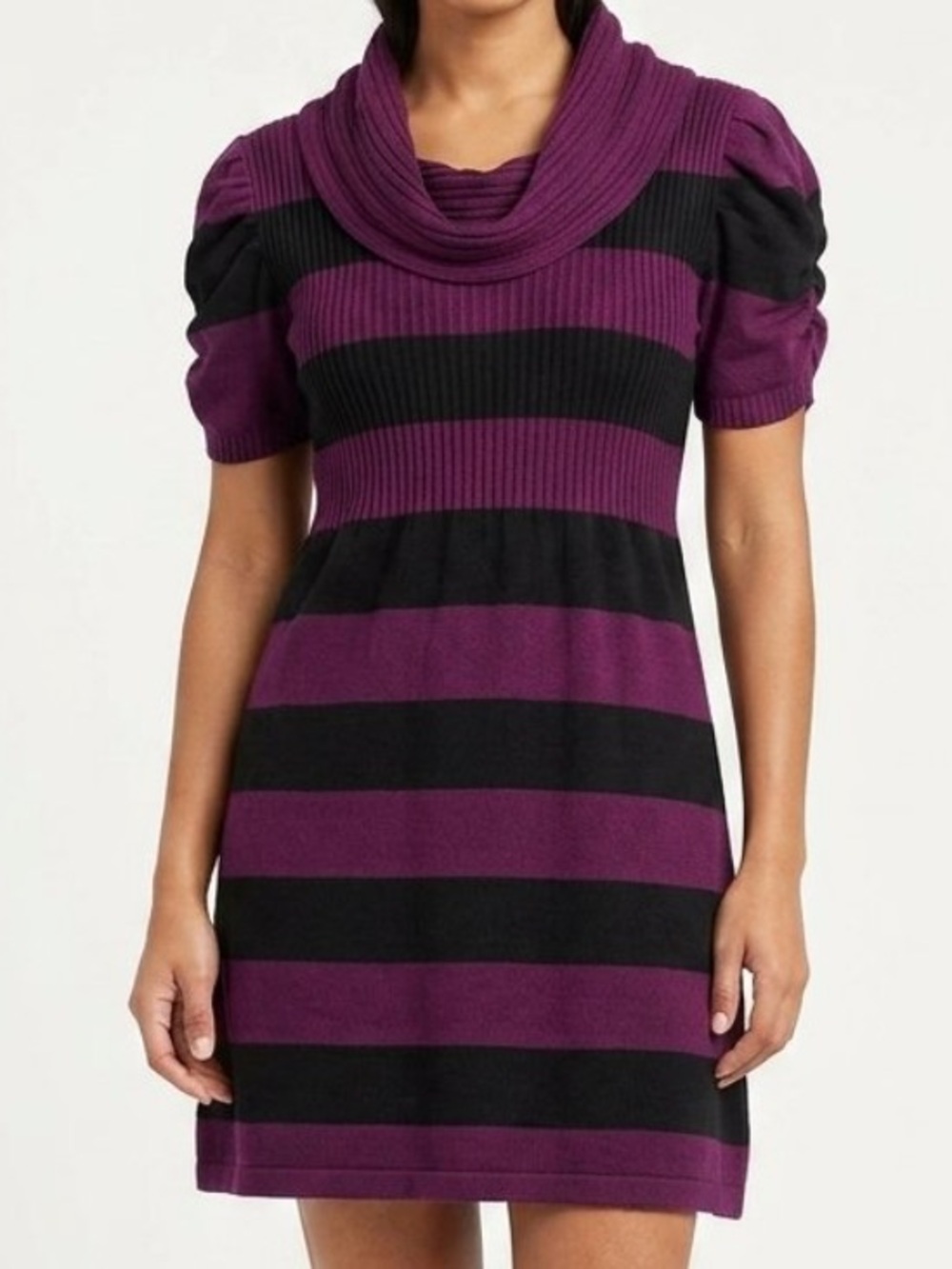 Cowl neck Striped Sweater dress with puffed sleeves
